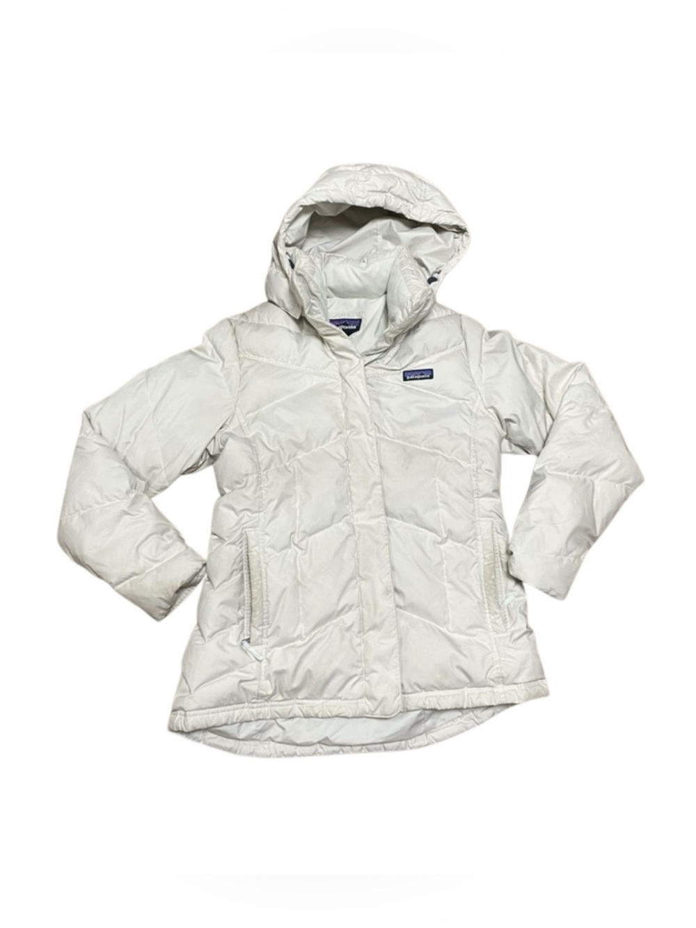 Patagonia Women Medium White Puffy Jacket Coat Winter Hooded Hoodie Puffer Warm